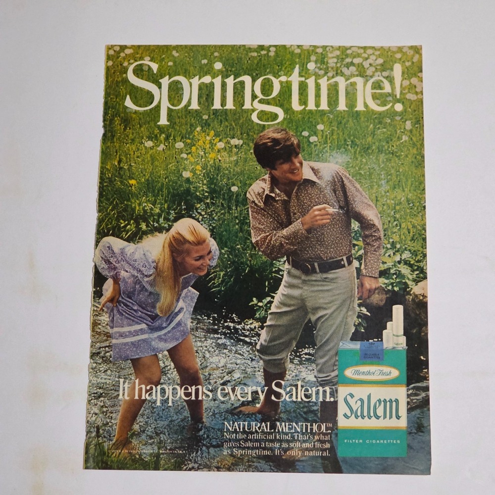 Vintage Print Ad Salem cigarettes Springtime couple creek smoking 8.25x11 1971